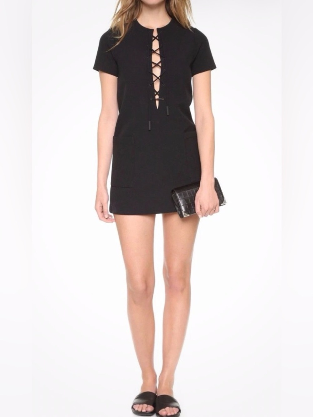 Kendall & Kylie Black Lace-Up Short Sleeve Mini Dress with Front Tie